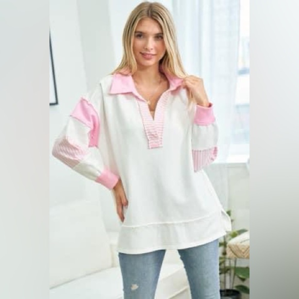 Collared Knit Top with Stripe Sleeve Detail